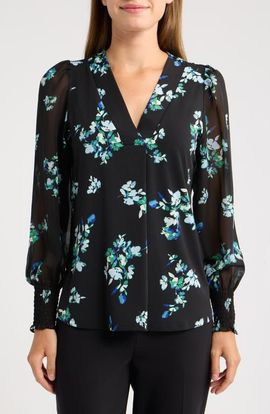 AK ANNE KLEIN AK ANNE KLEIN Smocked Cuff V-Neck Top