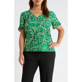 AK ANNE KLEIN AK ANNE KLEIN Tropical Floral V-Neck Button-Up Knit Top