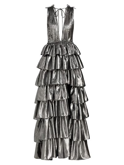 Aknvas Women's Henriette Metallic Ruffled Tiered Sleeveless Gown