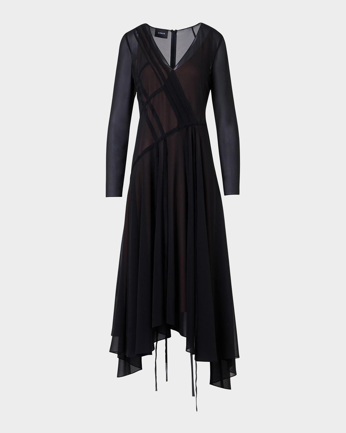 Akris Asymmetric Seamed Silk Georgette Long-Sleeve Midi Dress