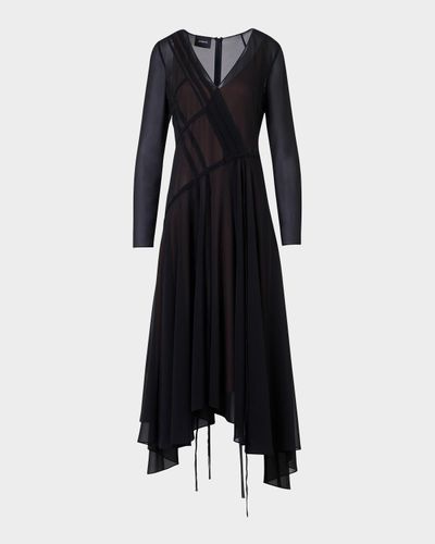 Akris Asymmetric Seamed Silk Georgette Long-Sleeve Midi Dress