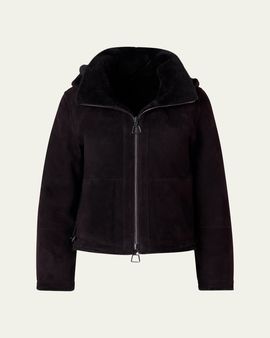 Akris Dino Reversible Lamb Shearling Zip Jacket With Detachable Hood