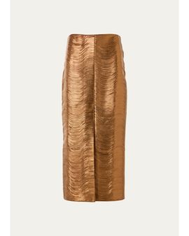 Akris Embroidered Lame Nappa Leather Midi Pencil Skirt