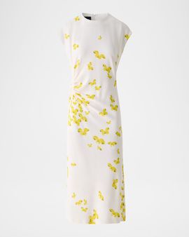 Akris Exclusive Butterfly-Print Viscose Crepon Ruched Midi Dress With Scarf