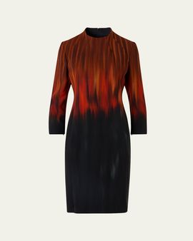 Akris Fuego-Print Long-Sleeve Wool Double-Face Slit Dress