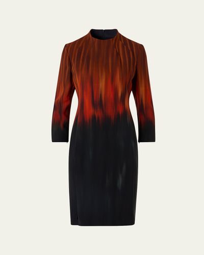 Akris Fuego-Print Long-Sleeve Wool Double-Face Slit Dress