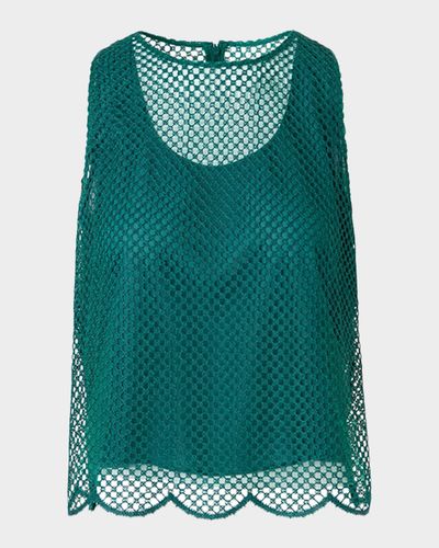 Akris Grid Embroidered Scalloped Sleeveless Blouse