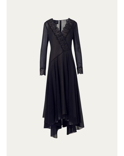 Akris Lace V-Neck Silk Georgette Asymmetric Midi Dress