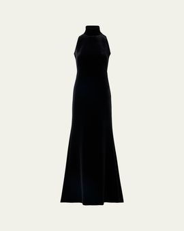Akris Mock-Neck Fringe Knot Sleeveless Velvet Trumpet Gown