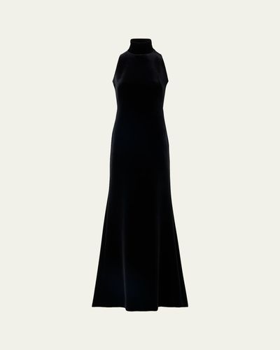 Akris Mock-Neck Fringe Knot Sleeveless Velvet Trumpet Gown