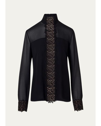 Akris Mock-Neck Lace Inset Long-Sleeve Blouse