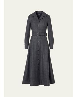 Akris Prince Of Whales Wool Stretch Flannel Belted Midi Shirtdress