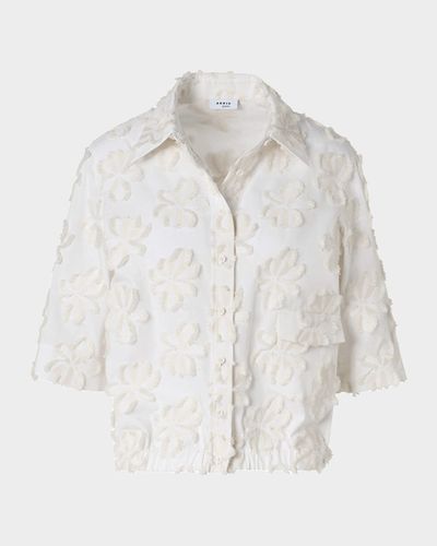 Akris punto 3D Flower Jacquard Elbow-Sleeve Button-Down Blouse