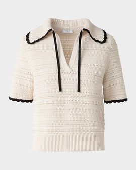 Akris punto Boxy Knit Cotton Crochet Polo Top