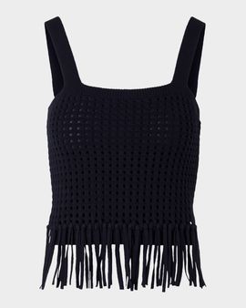 Akris punto Chunky Cotton Mesh Knit Fringe Crop Top