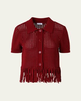 Akris punto Chunky Cotton Mesh Knit Fringed Collared Cardigan