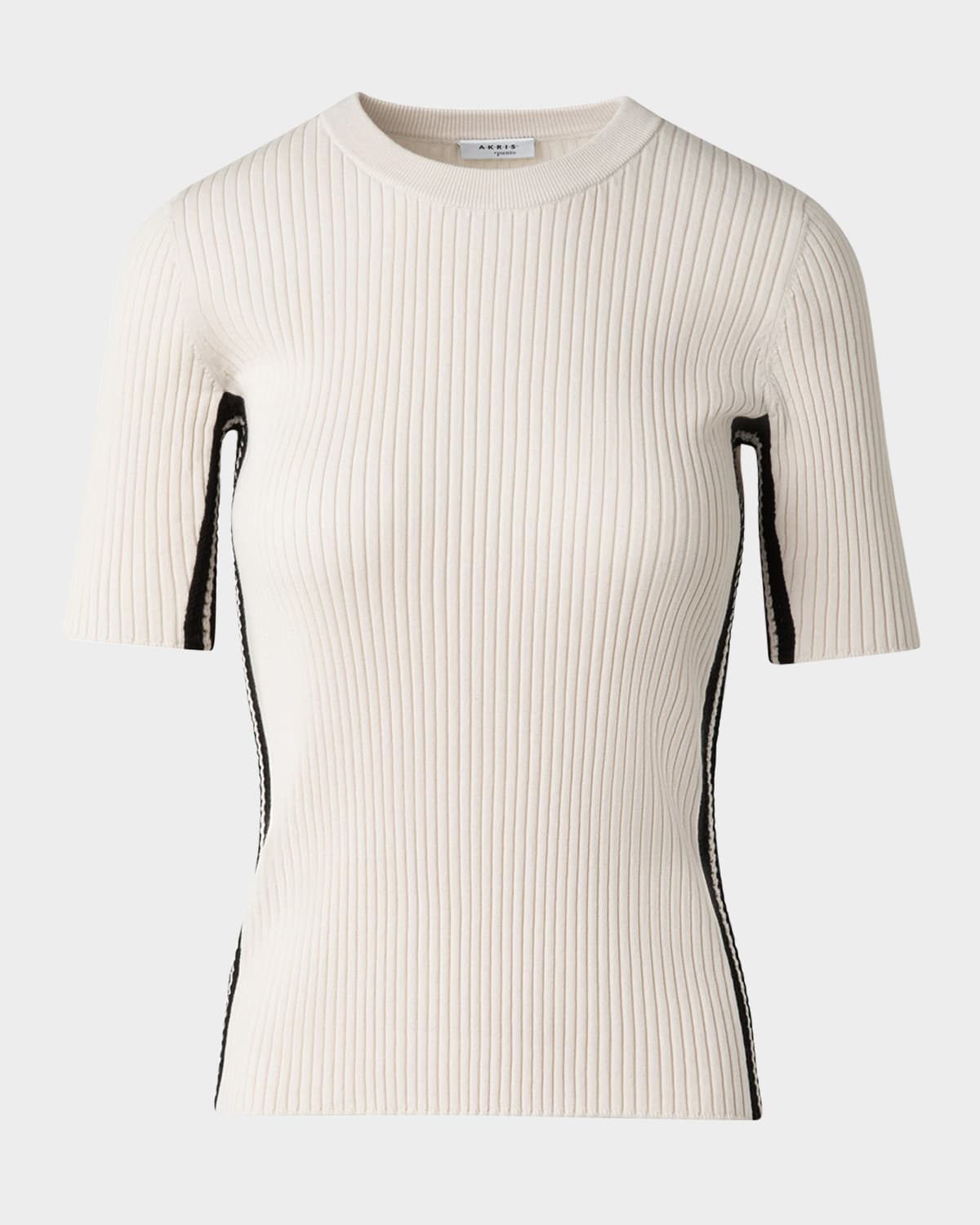 Akris punto Crochet Stripe Rib Knit Short Sleeve Sweater