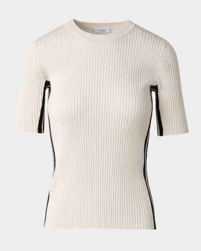 Akris punto Crochet Stripe Rib Knit Short Sleeve Sweater