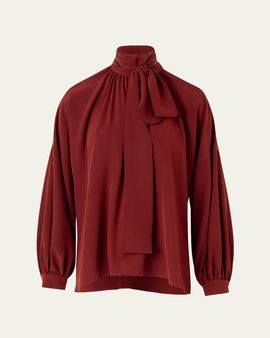 Akris punto Mock-Neck Bow Tie Silk Crepe De Chine Blouse