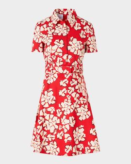 Akris punto Papercut Flower Print Denim Belted Shirtdress