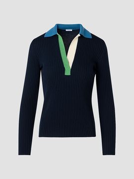 Akris punto Women's Colorblocked Rib-Knit Wool Long-Sleeve Polo Shirt