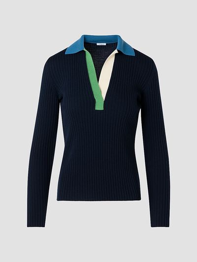 Akris punto Women's Colorblocked Rib-Knit Wool Long-Sleeve Polo Shirt