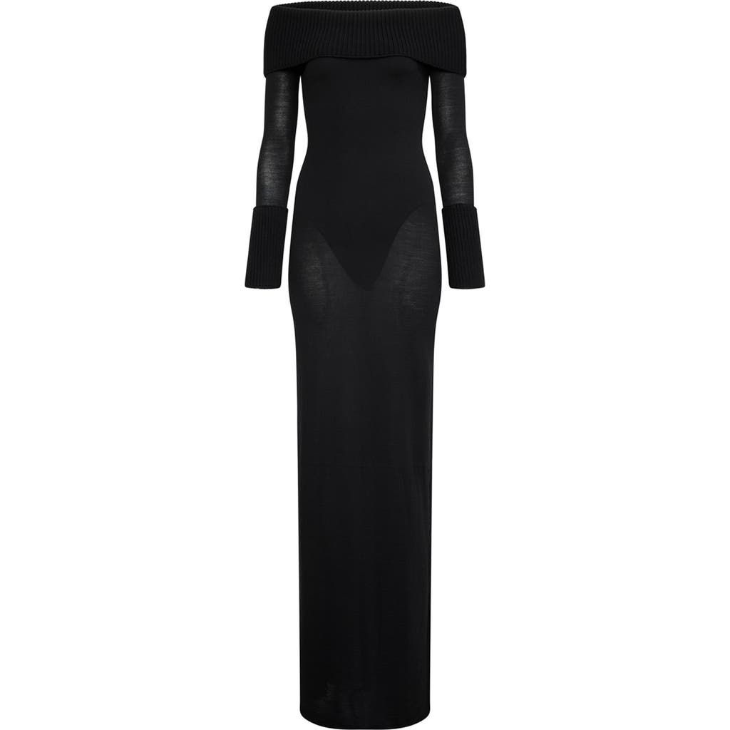 Alaïa Alaïa Off-the-Shoulder Multi-Gauge Wool Maxi Dress