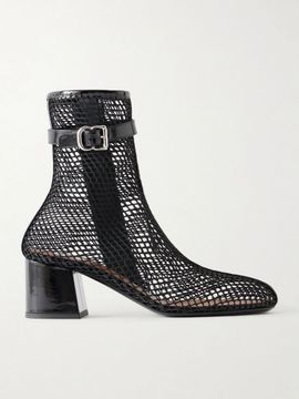 ALAÏA Fishnet 55 patent leather-trimmed mesh ankle boots