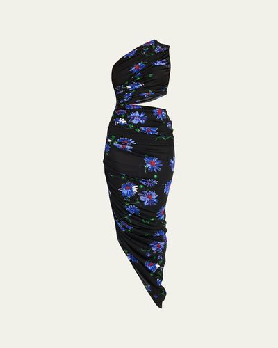 ALAÏA Ruched Floral Jersey Cutout Asymmetric Midi Dress
