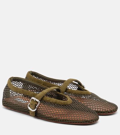 Alaia AlaÃ¯a Fishnet suede-trimmed Mary Jane flats