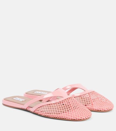 Alaia AlaÃ¯a Patent leather-trimmed fishnet mules