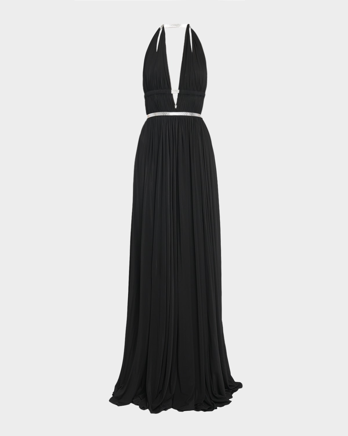 ALAIA Deesse Leather-Trimmed Pleated Jersey Gown