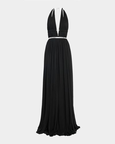 ALAIA Deesse Leather-Trimmed Pleated Jersey Gown