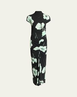 ALAIA Draped Floral-Print Jersey Maxi Dress