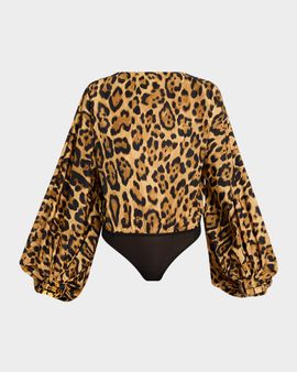 ALAIA Leopard-Print Balloon-Sleeve Backless Bodysuit
