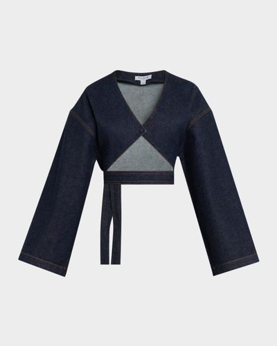 ALAIA Long-Sleeve Denim Crop Wrap Top