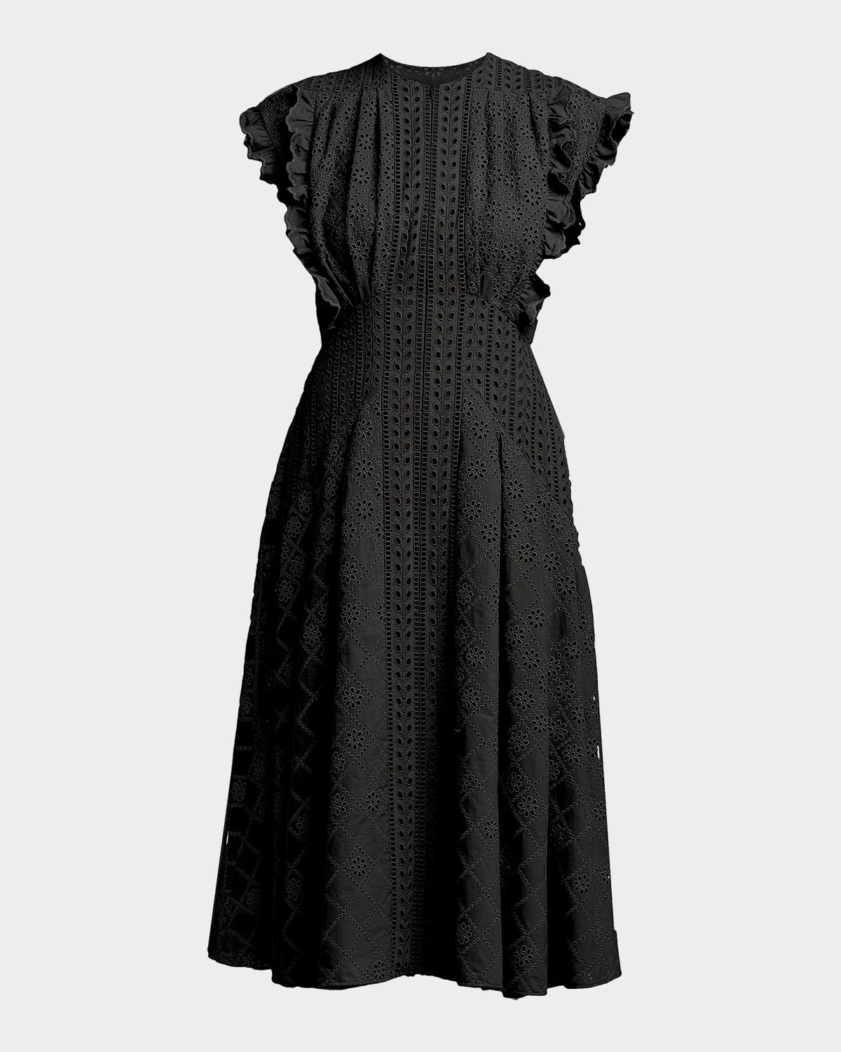 Alberta Ferretti Cap-Sleeve Pleated Eyelet Cotton Midi Dress