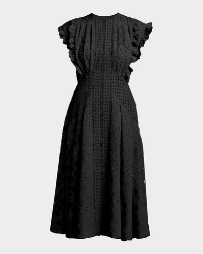 Alberta Ferretti Cap-Sleeve Pleated Eyelet Cotton Midi Dress