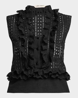 Alberta Ferretti Eyelet Embroidered Ruffle Sleeveless Top