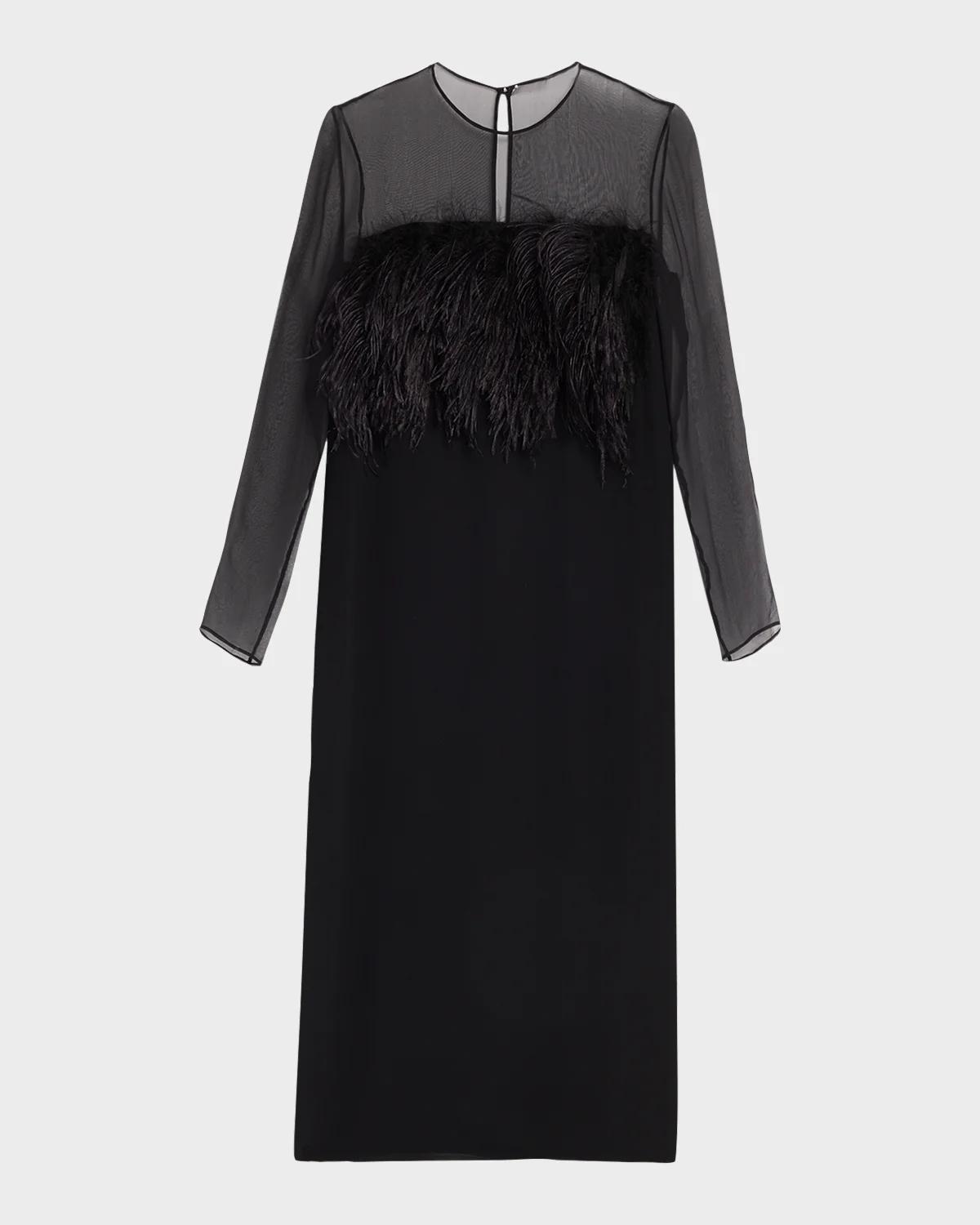 Alberta Ferretti Feather-Trim Sheer Long-Sleeve Enver Satin Midi Dress