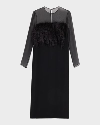 Alberta Ferretti Feather-Trim Sheer Long-Sleeve Enver Satin Midi Dress