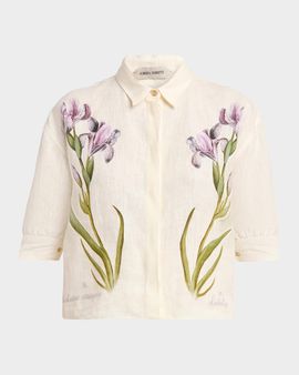 Alberta Ferretti Floral-Print Linen Short-Sleeve Blouse