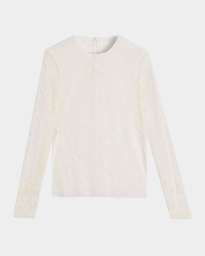 Alberta Ferretti Lace-Trim Dotted Tulle Long-Sleeve Blouse