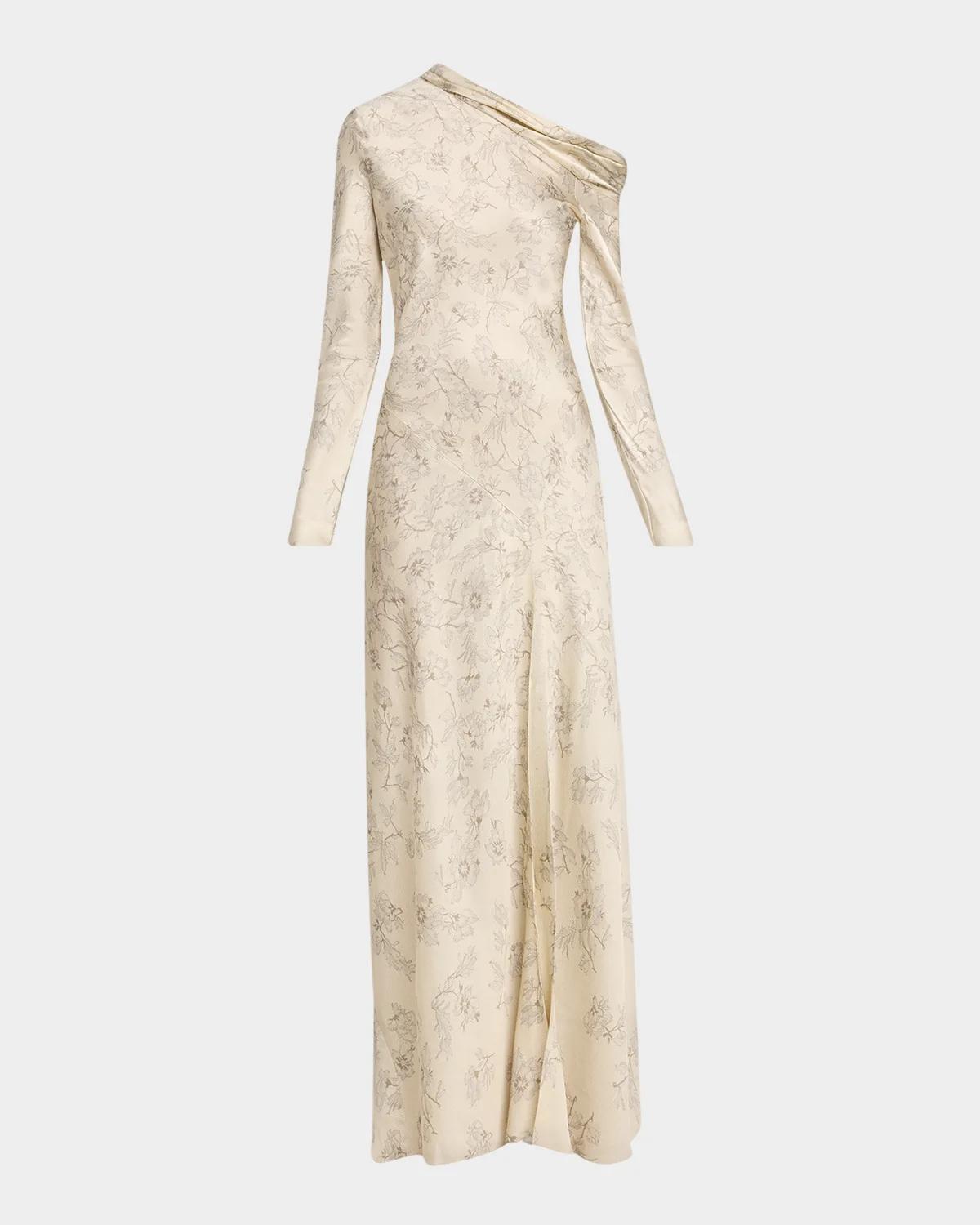 Alberta Ferretti Lace Printed Satin One-Shoulder Gown