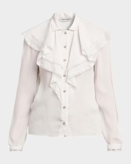 Alberta Ferretti Plisse Ruffle Button-Down Blouse