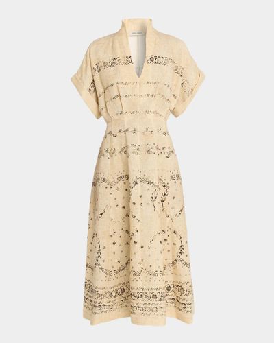 Alberta Ferretti Short-Sleeve Printed Linen A-Line Midi Dress