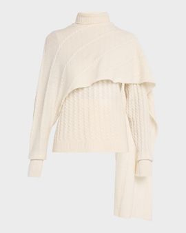 Alberta Ferretti Turtleneck Cashmere Cable Knit Shawl Sweater