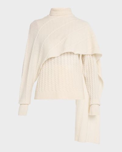 Alberta Ferretti Turtleneck Cashmere Cable Knit Shawl Sweater