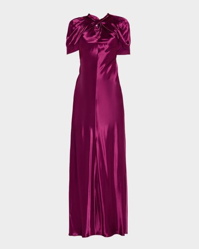 Alberta Ferretti Twisted Capelet Satin Maxi Evening Dress