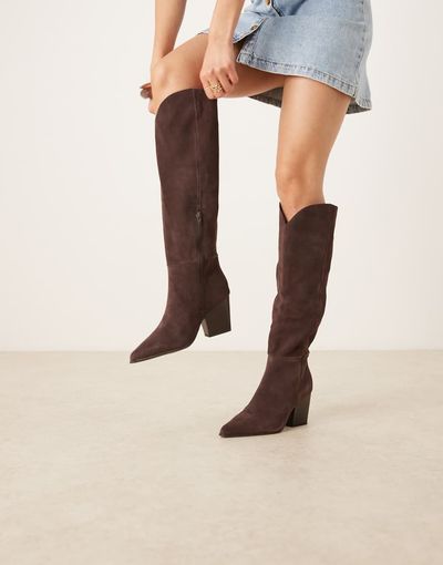 ALDO ALDO Kaely Wide Leg western detail knee high boots in suede chocolate-Brown